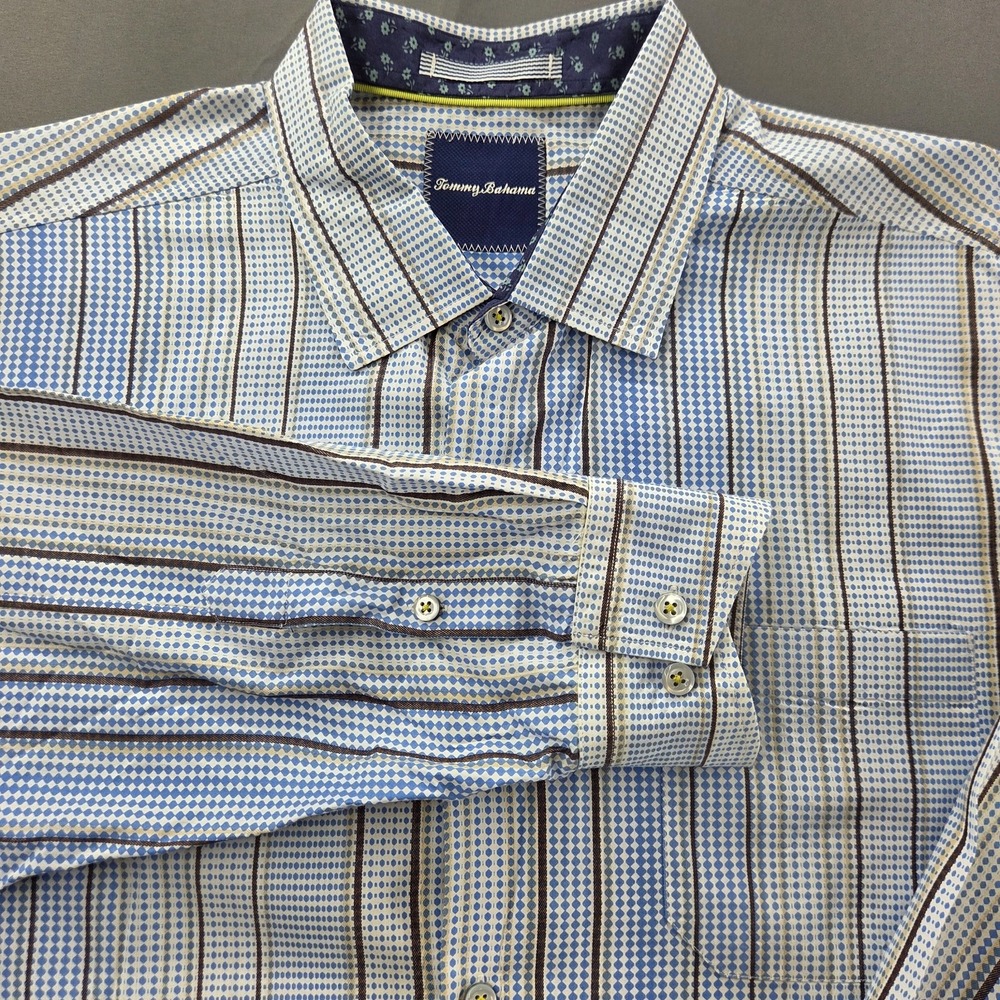 Tommy Bahama Men's XL Blue White Geometric Stripe Long Sleeve‎ Shirt